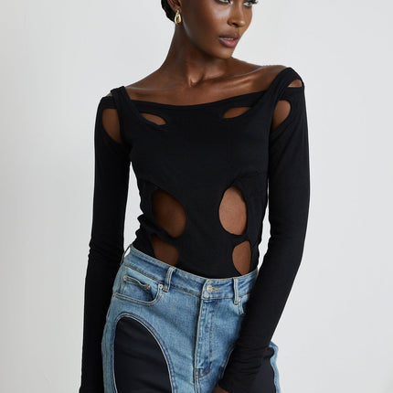 Emilia Black Double Layer Cut Out Bodysuit