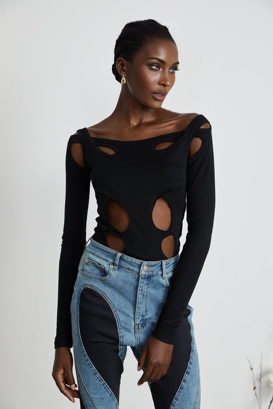 Emilia Black Double Layer Cut Out Bodysuit