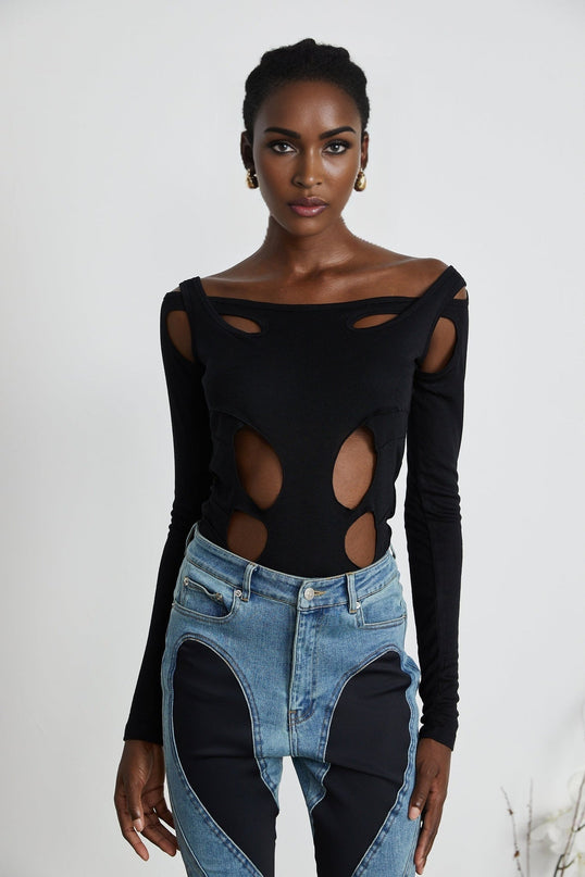 Emilia Black Double Layer Cut Out Bodysuit