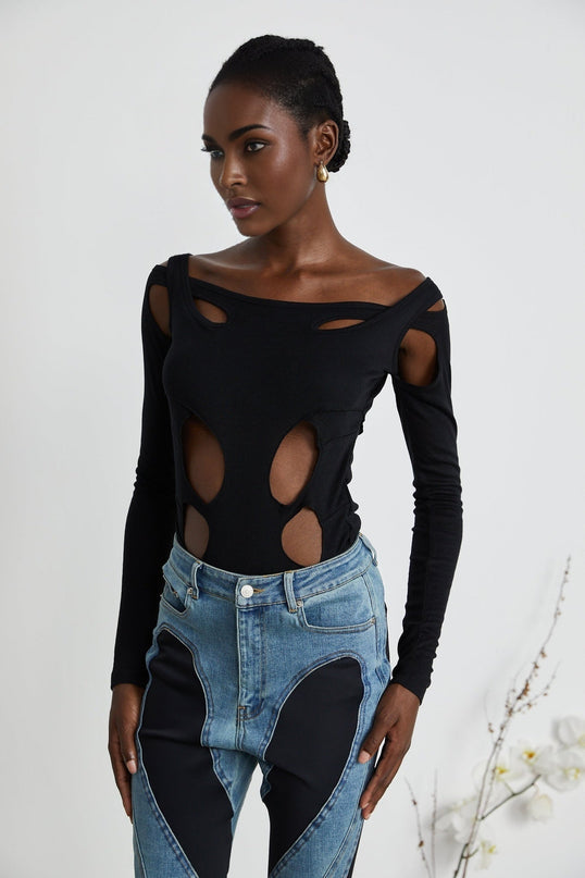 Emilia Black Double Layer Cut Out Bodysuit
