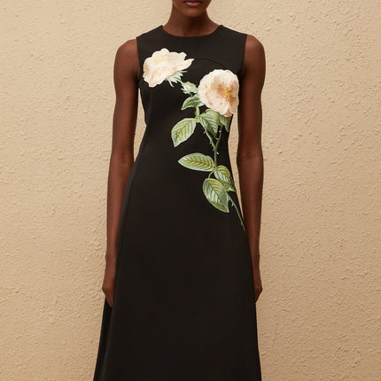 Emilia Black Floral Embroidered A-Line Midi Dress