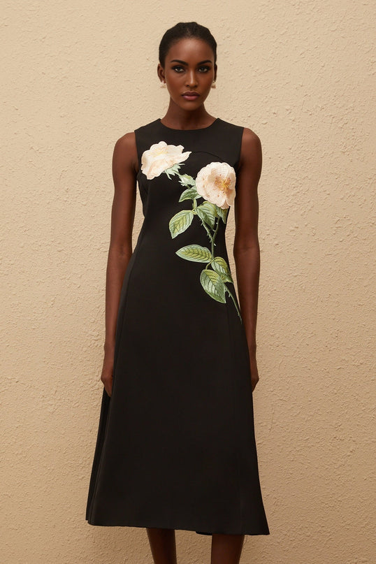 Emilia Black Floral Embroidered A-Line Midi Dress