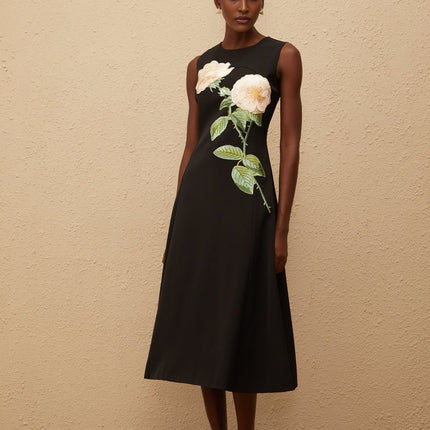 Emilia Black Floral Embroidered A-Line Midi Dress