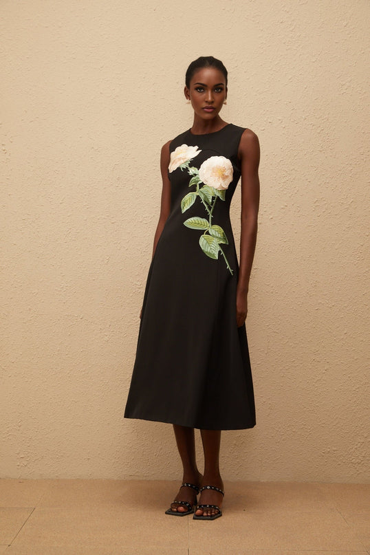 Emilia Black Floral Embroidered A-Line Midi Dress
