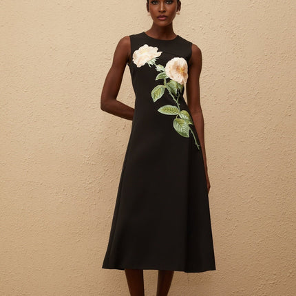 Emilia Black Floral Embroidered A-Line Midi Dress