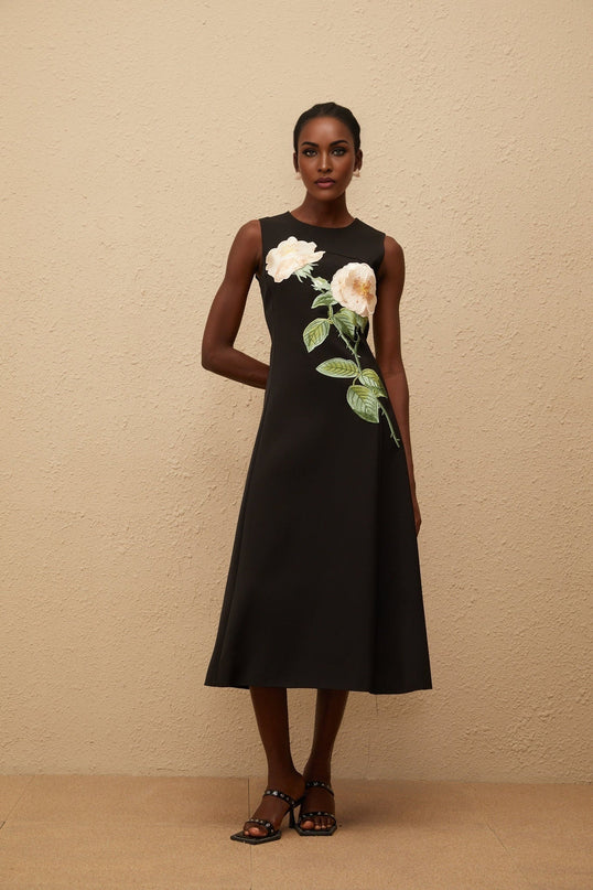 Emilia Black Floral Embroidered A-Line Midi Dress