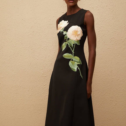 Emilia Black Floral Embroidered A-Line Midi Dress