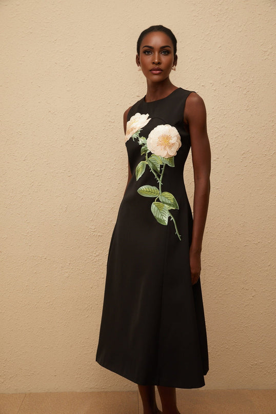 Emilia Black Floral Embroidered A-Line Midi Dress