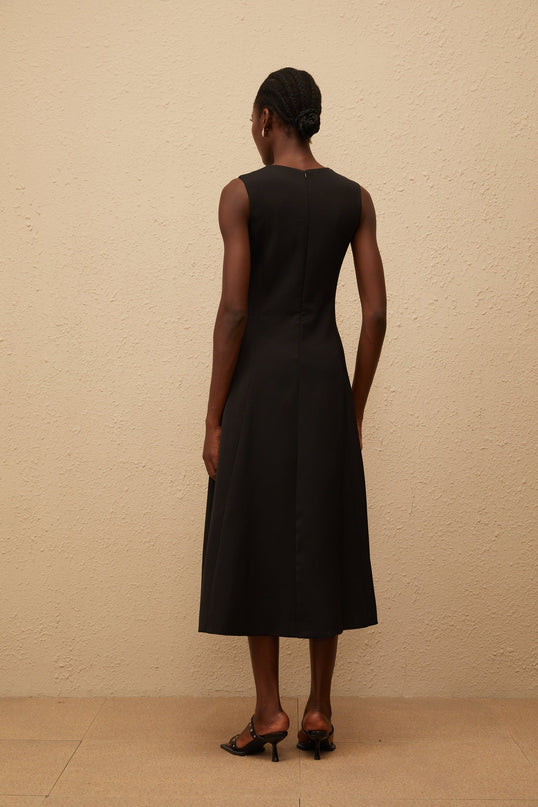 Emilia Black Floral Embroidered A-Line Midi Dress