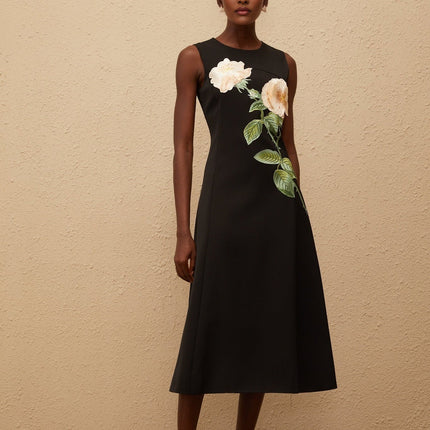 Emilia Black Floral Embroidered A-Line Midi Dress