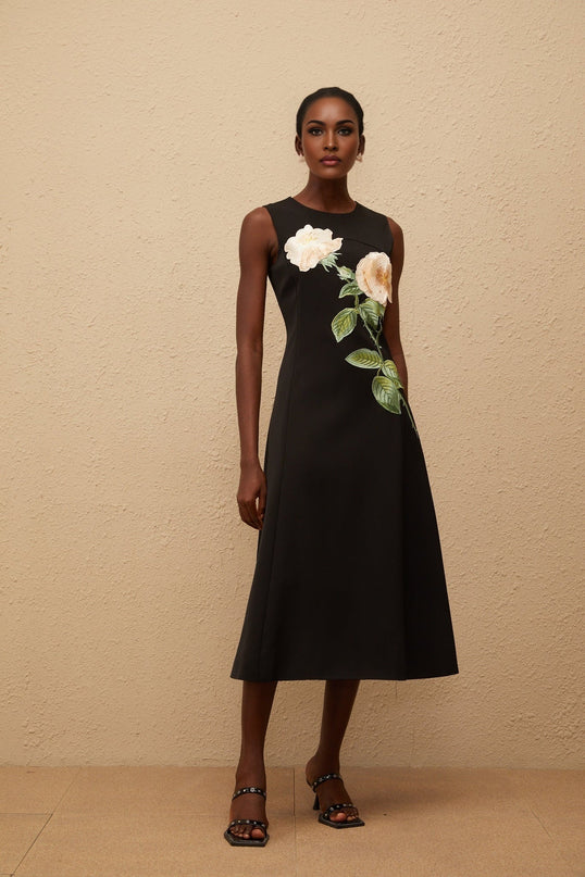 Emilia Black Floral Embroidered A-Line Midi Dress