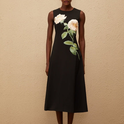 Emilia Black Floral Embroidered A-Line Midi Dress