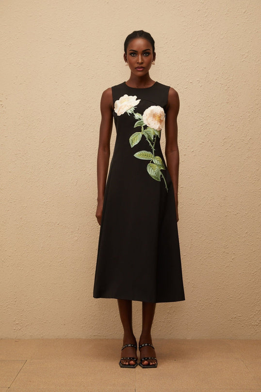 Emilia Black Floral Embroidered A-Line Midi Dress