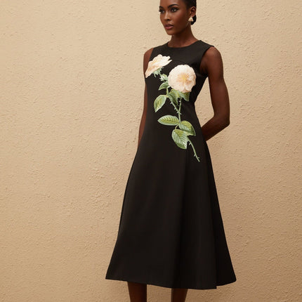 Emilia Black Floral Embroidered A-Line Midi Dress