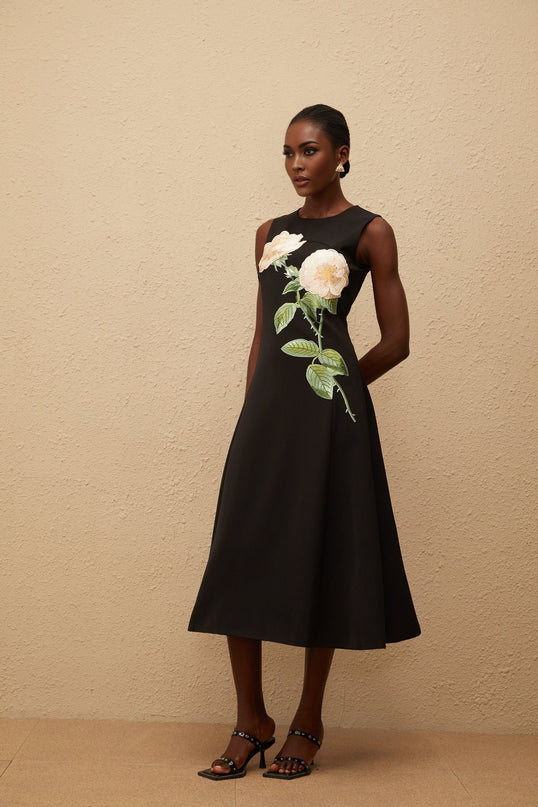 Emilia Black Floral Embroidered A-Line Midi Dress