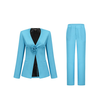 Emilia Blue Floral Applique Jacket Trousers Set