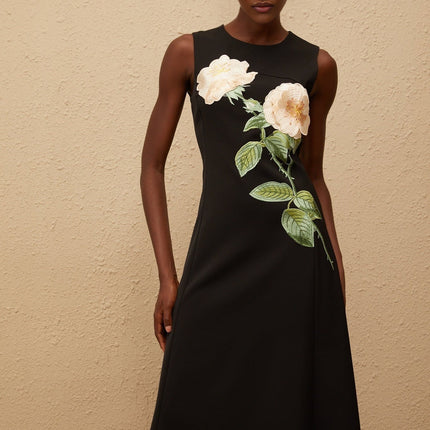 Emilia Black Floral Embroidered Midi Dress A-line Silhouette Round Neck Sleeveless Cinched Waist Special Occasions Chic Timeless