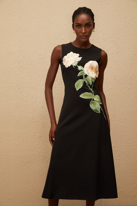 Emilia Black Floral Embroidered Midi Dress A-line Silhouette Round Neck Sleeveless Cinched Waist Special Occasions Chic Timeless