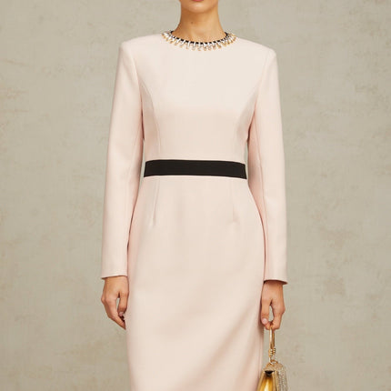 Emilia Pink Crystal Embellished Midi Dress with Dart Detailing and Rear Slit