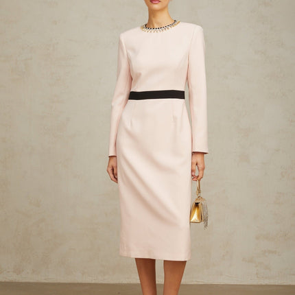 Emilia Pink Crystal Embellished Midi Dress with Dart Detailing and Rear Slit
