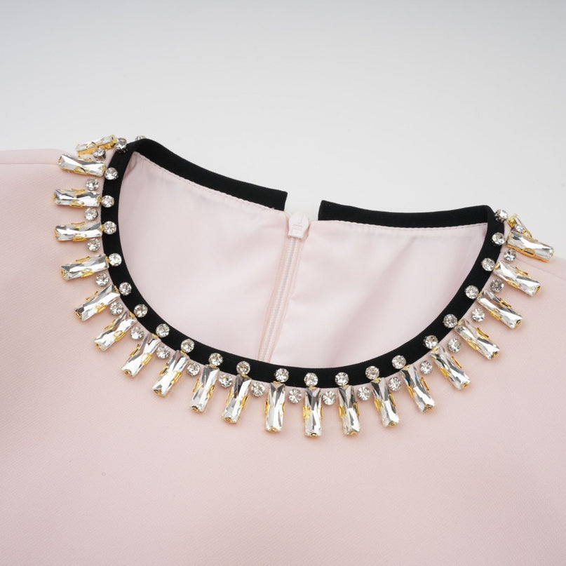 Emilia Pink Crystal Embellished Midi Dress with Dart Detailing and Rear Slit