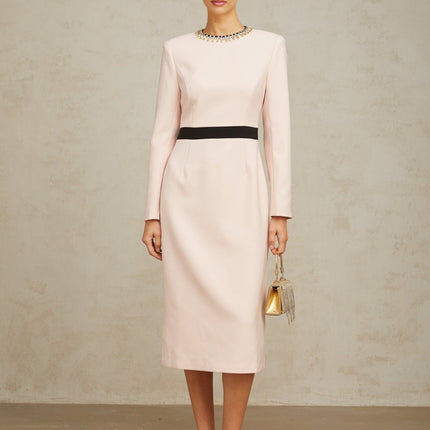 Emilia Pink Crystal Embellished Midi Dress with Dart Detailing and Rear Slit