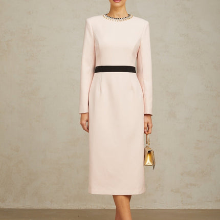 Emilia Pink Crystal Embellished Midi Dress with Dart Detailing and Rear Slit