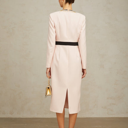 Emilia Pink Crystal Embellished Midi Dress with Dart Detailing and Rear Slit