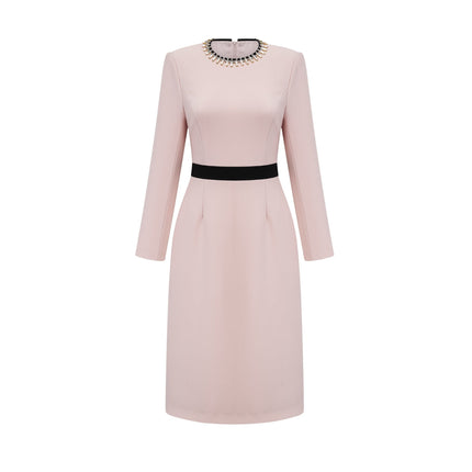Emilia Pink Crystal Embellished Midi Dress with Dart Detailing and Rear Slit