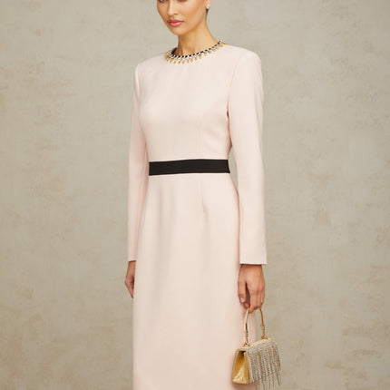 Emilia Pink Crystal Embellished Midi Dress with Dart Detailing and Rear Slit