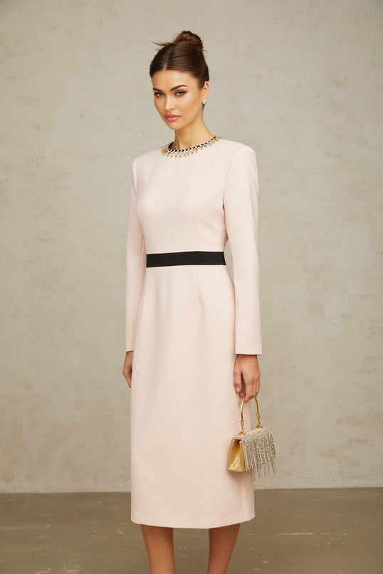 Emilia Pink Crystal Embellished Midi Dress with Dart Detailing and Rear Slit