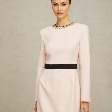 Emilia Pink Crystal Embellished Midi Dress with Dart Detailing and Rear Slit