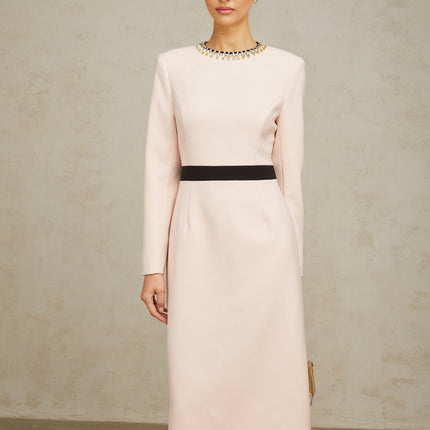 Emilia Pink Crystal Embellished Midi Dress with Dart Detailing and Rear Slit