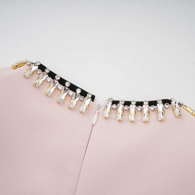 Emilia Pink Crystal Embellished Midi Dress with Dart Detailing and Rear Slit
