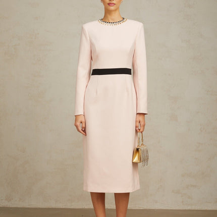 Emilia Pink Crystal Embellished Midi Dress with Dart Detailing and Rear Slit
