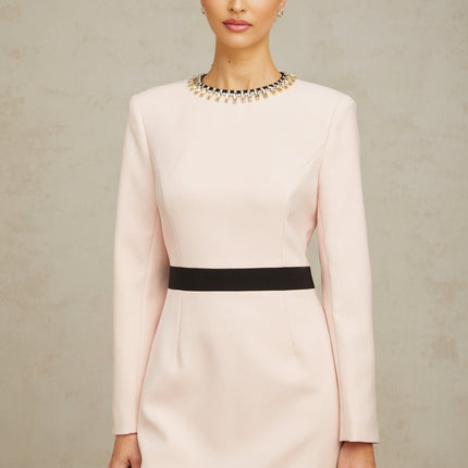 Emilia Pink Crystal Embellished Midi Dress with Dart Detailing and Rear Slit