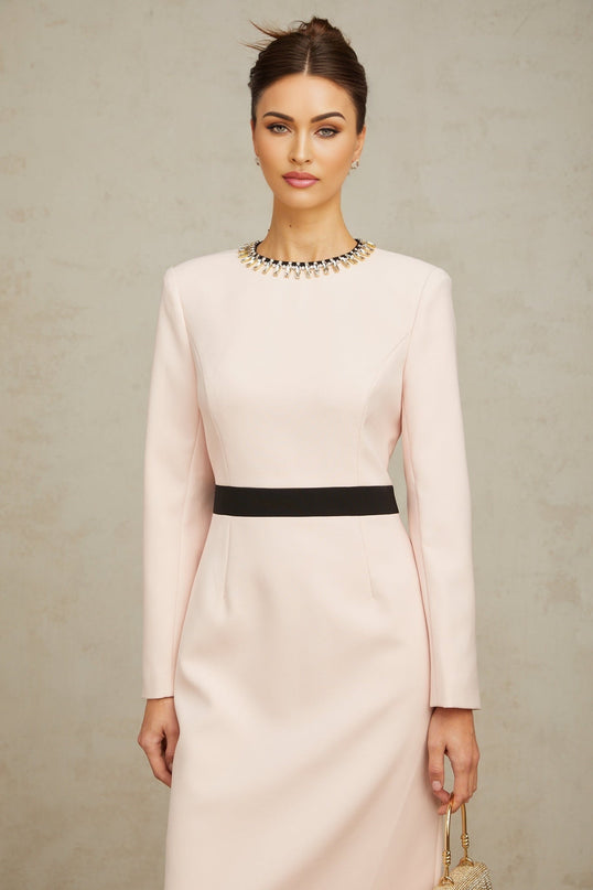 Emilia Pink Crystal Embellished Midi Dress with Dart Detailing and Rear Slit