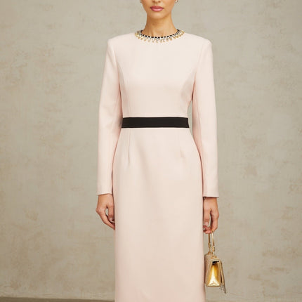 Emilia Pink Crystal Embellished Midi Dress with Dart Detailing and Rear Slit