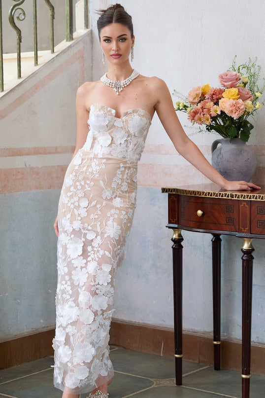 Emilia White Floral Maxi Dress in Terylene Fiber