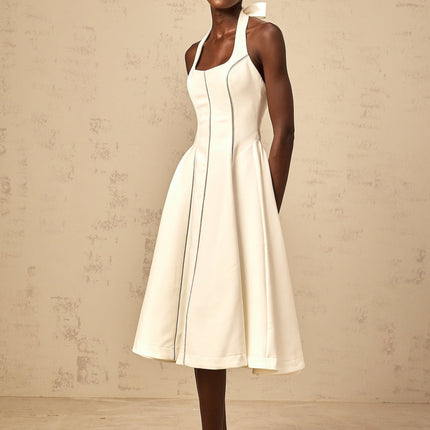 Emilia White Halterneck Bow Detail Pleated Flared Midi Dress