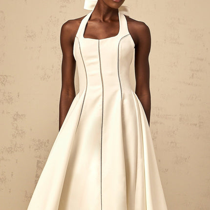 Emilia White Halterneck Midi Dress with Bow Detail Pleat Flared Skirt Terylene Fiber