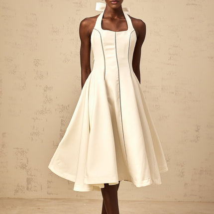 Emilia White Halterneck Midi Dress with Bow Detail Pleat Flared Skirt