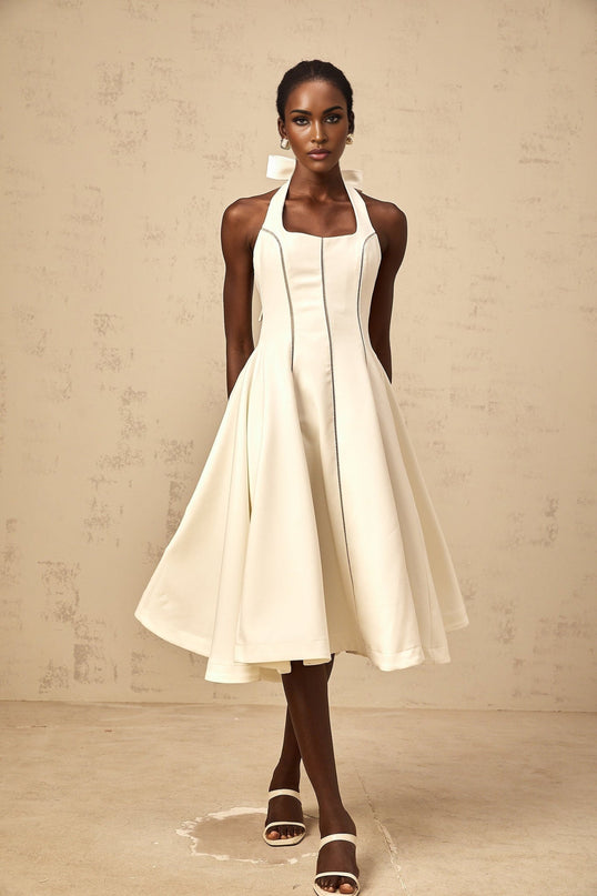 Emilia White Halterneck Midi Dress with Bow Detail Pleat Flared Skirt