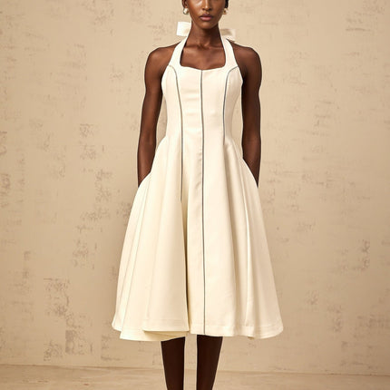 Emilia White Halterneck Midi Dress with Bow Detail Pleat Flared Skirt Terylene Fiber