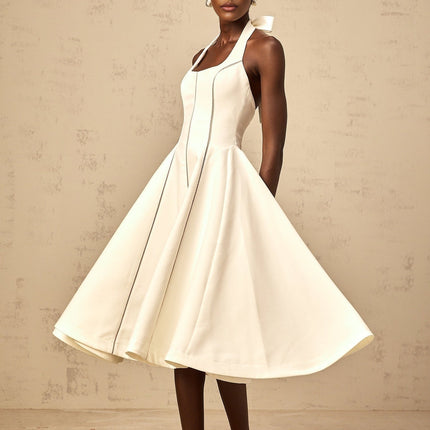 Emilia White Halterneck Midi Dress with Bow Detail Pleat Flared Skirt