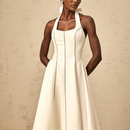 Emilia White Halterneck Midi Dress with Bow Detail Pleat Flared Skirt Terylene Fiber