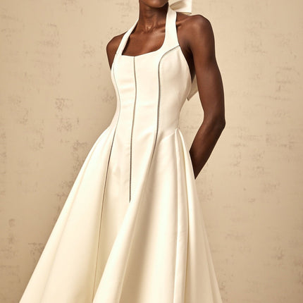 Emilia White Halterneck Midi Dress with Bow Detail Pleats and Flared Skirt