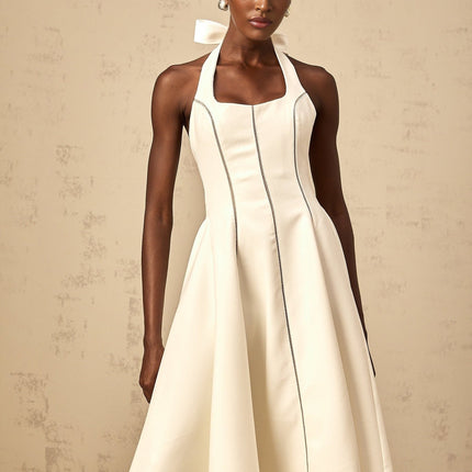 Emilia White Halterneck Pleated Midi Dress with Bow Detail