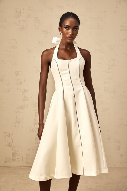 Emilia White Halterneck Pleated Midi Dress with Bow Detail