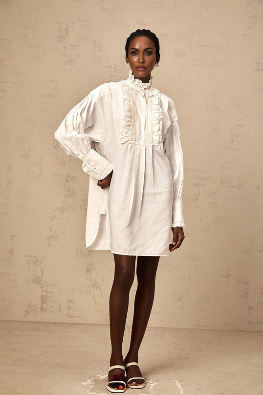 Emilia White Lace Trim Ruffled Mini Dress